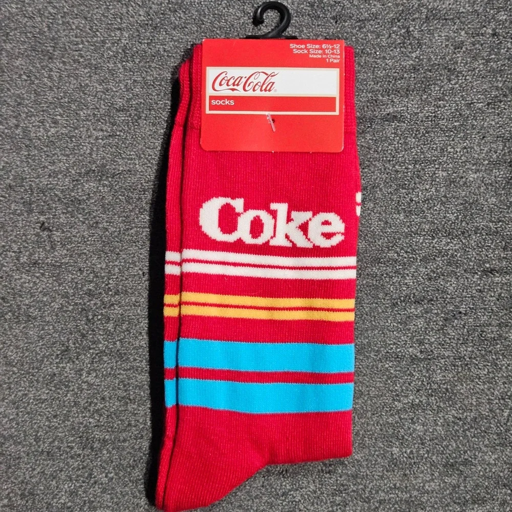 Coca-Cola Mens Red Coke Logo Striped Crew Socks Shoe Size 6.5-12 Retro New